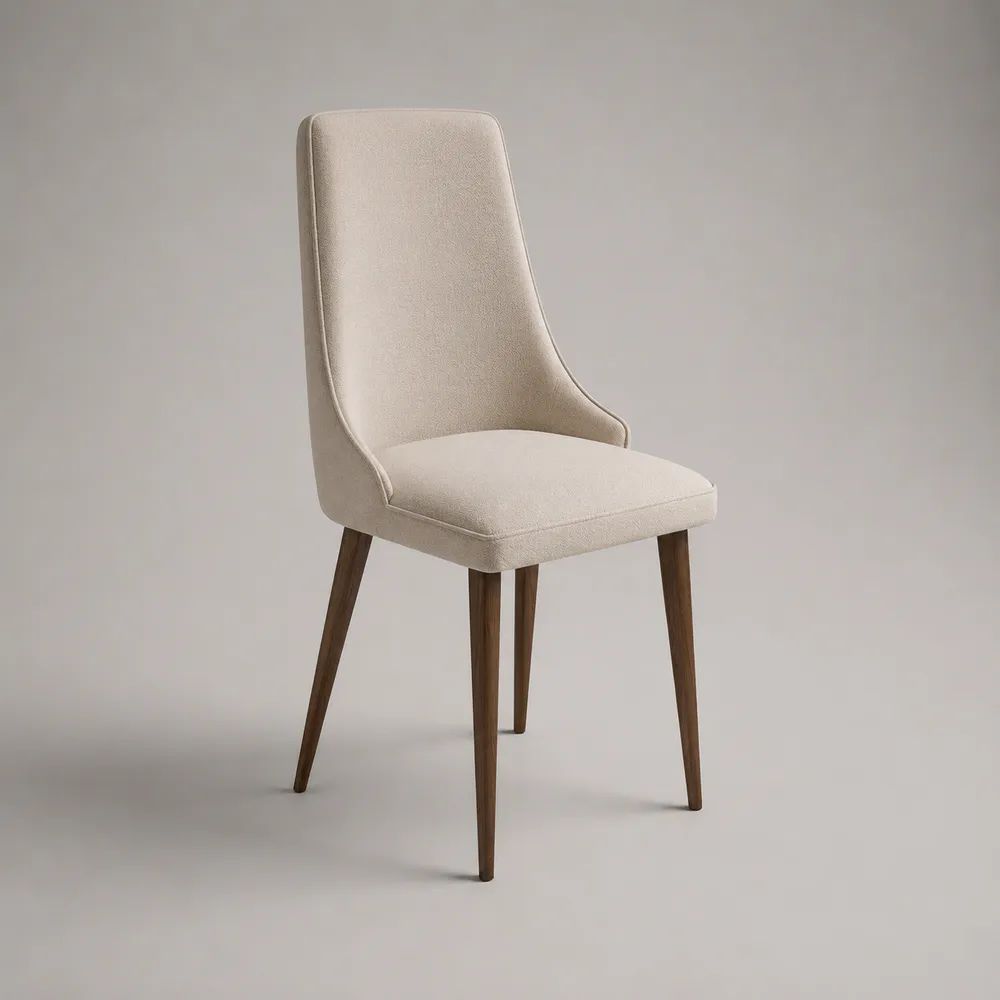 Sedia da pranzo imbottita in tessuto beige con gambe in legno marrone, 48 × 57 × 91 cm