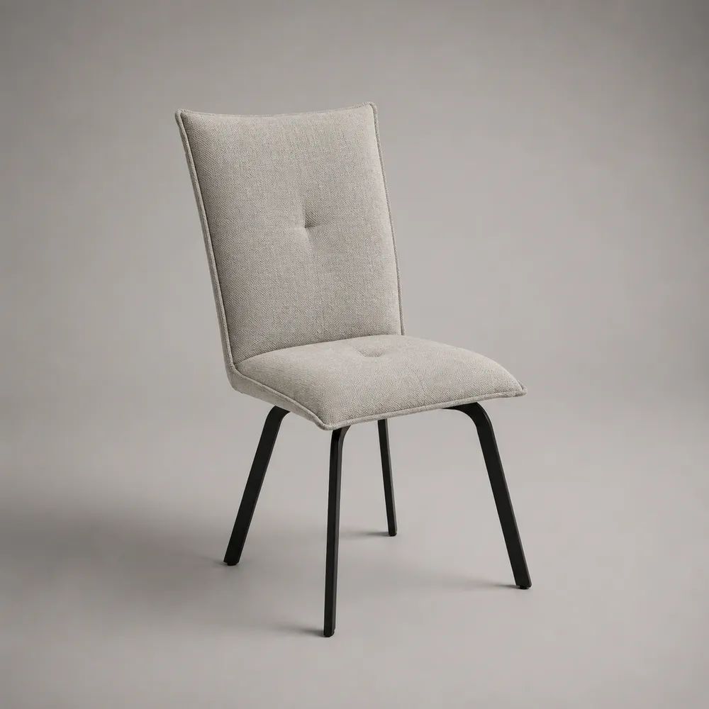 Sedia da pranzo imbottita in tessuto beige con schienale alto e gambe in acciaio nero, 45 x 55 x 88 cm