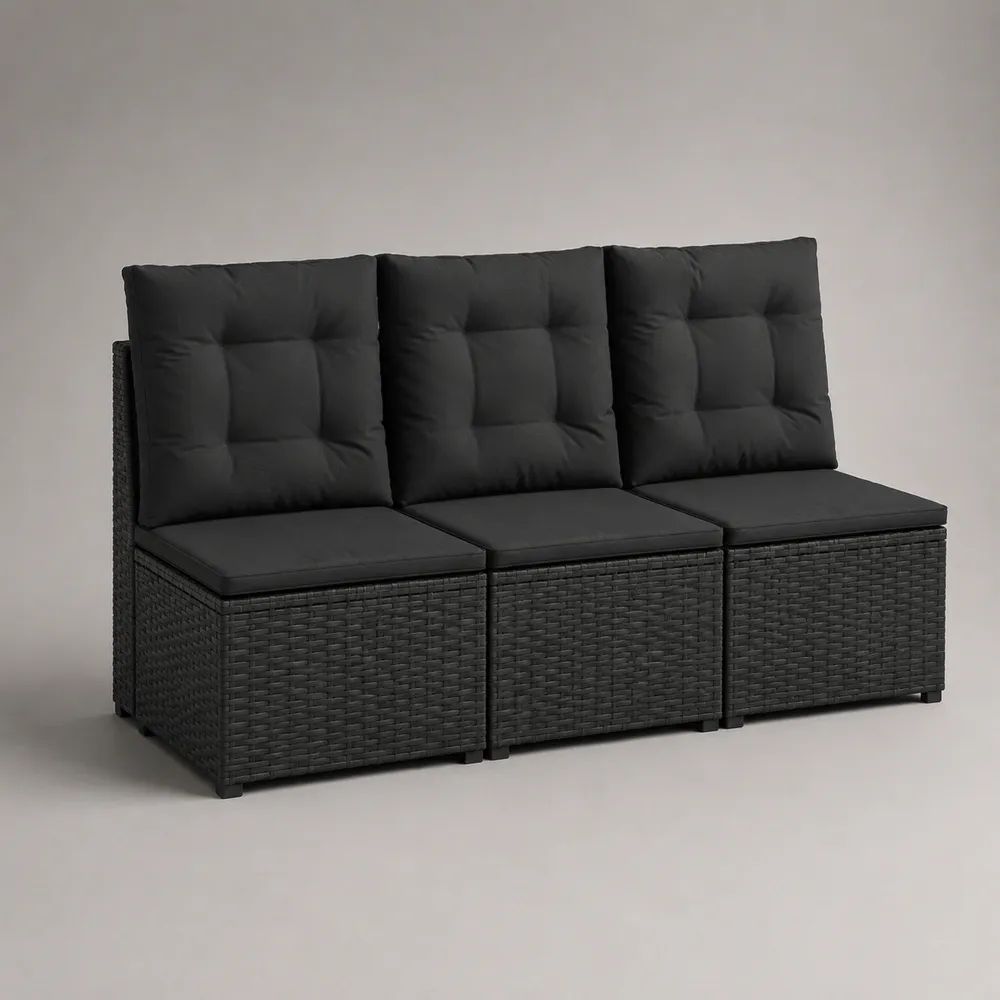 Divano da giardino modulare a 3 posti, set di 3 elementi in polyrattan nero con cuscini, 180 × 65 × 84 cm