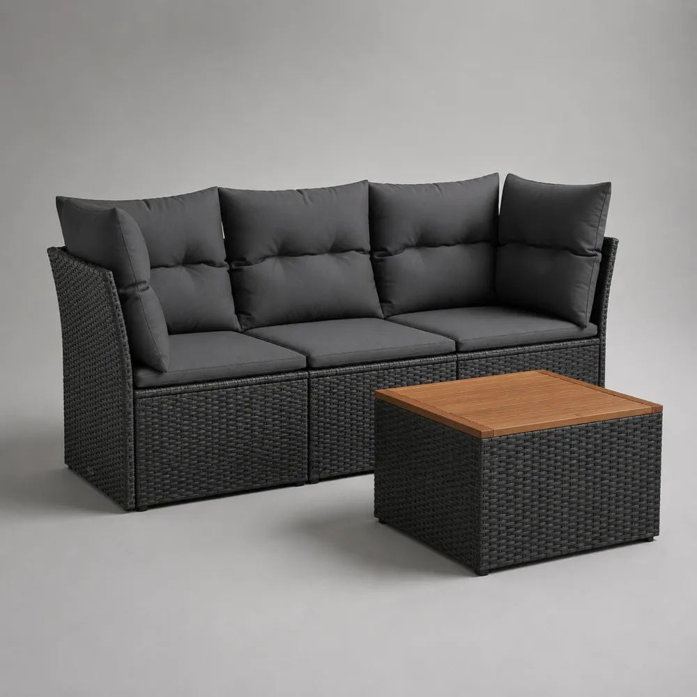Salotto da giardino 4 pezzi con divano modulare in polyrattan nero, cuscini grigio scuro e tavolino in legno, divano 181 × 65 × 74 cm