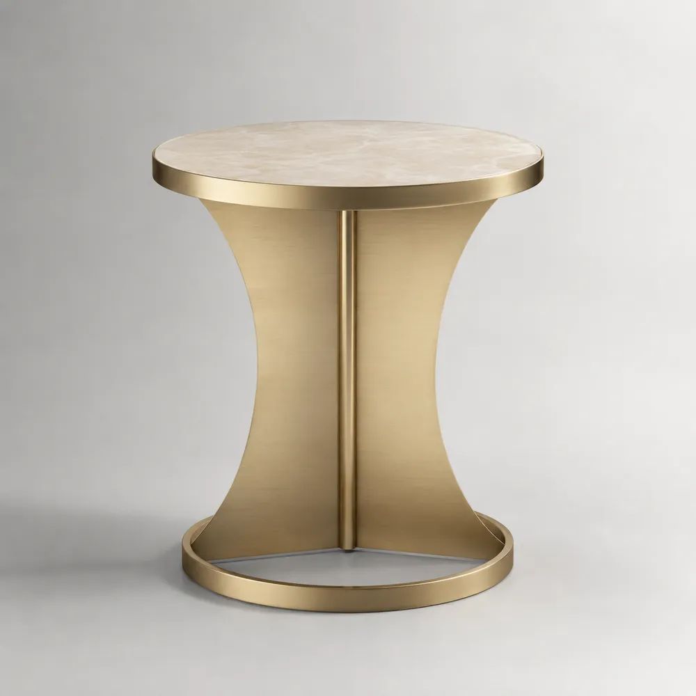 Tavolino rotondo da salotto in pietra sinterizzata e acciaio inox, oro e crema, Ø 50 × H 55 cm