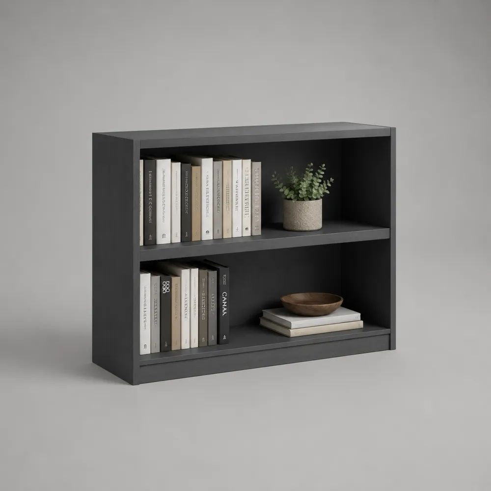 Libreria bassa rettangolare in legno con 2 ripiani, grigio antracite, 80 x 24 x 75 cm