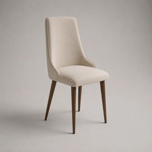 Sedia da pranzo imbottita in tessuto beige con gambe in legno marrone, 48 × 57 × 91 cm