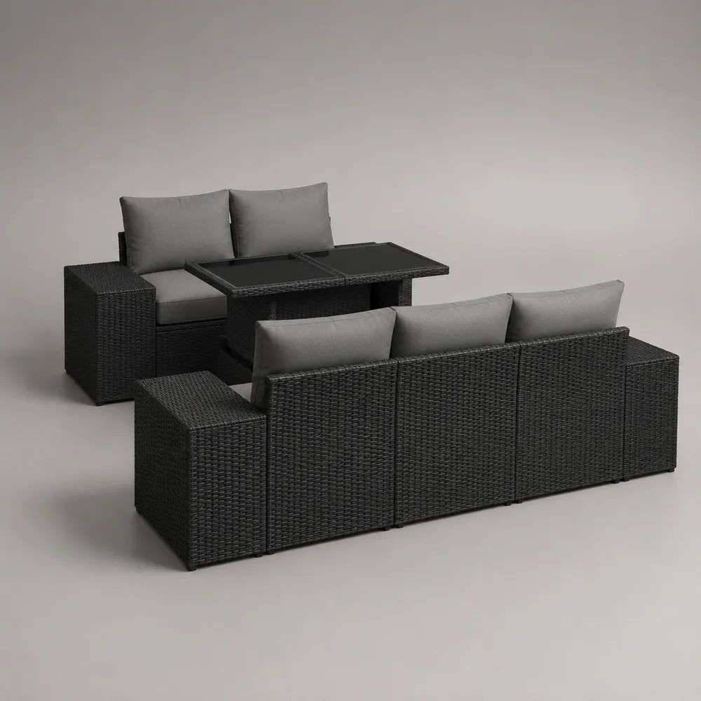 Set divani da giardino 3 pezzi 5 posti in rattan PE nero con cuscini grigi, divano 197 x 70 x 73 cm, divano 141 x 70 x 73 cm e tavolo 140 x 70 x 65 cm