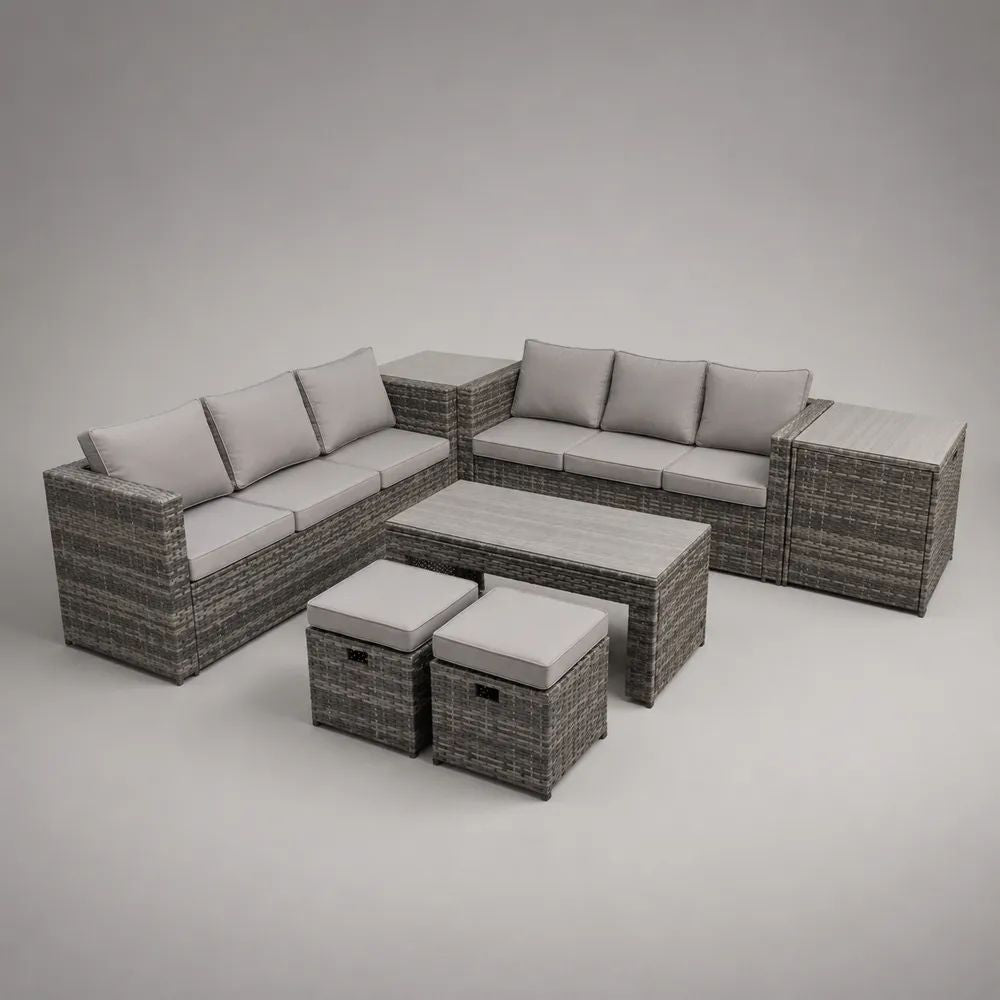 Set salotto da giardino 7 pezzi in rattan PE grigio con cuscini grigio chiaro, divani da 190 x 75 x 75 cm