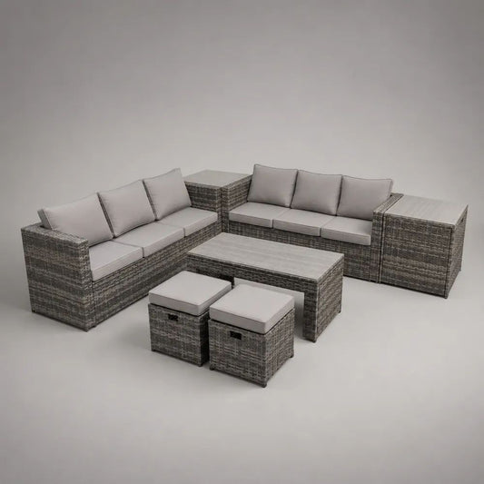 Set salotto da giardino 7 pezzi in rattan PE grigio con cuscini grigio chiaro, divani da 190 x 75 x 75 cm