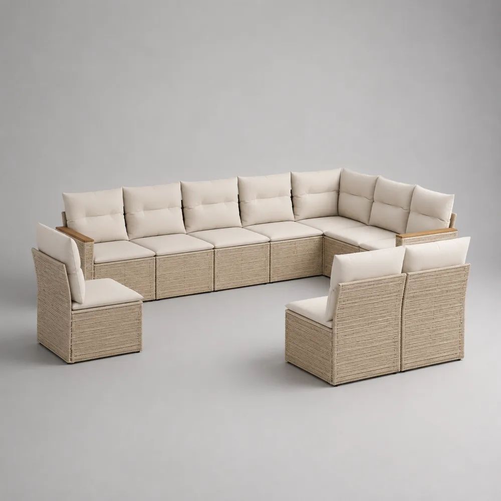 Set divano da giardino modulare angolare 10 posti in polyrattan PE beige con cuscini crema, 420 x 210 x 80 cm