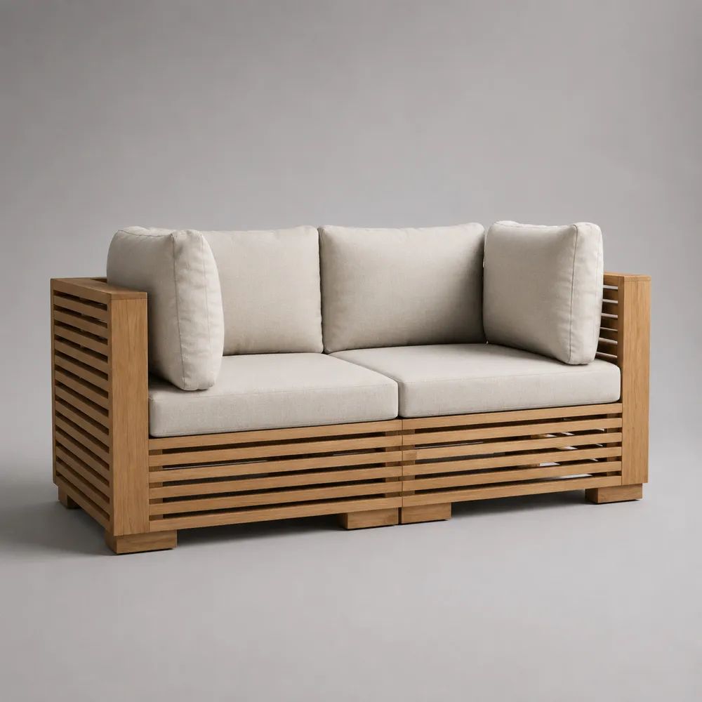 Divano da giardino rettangolare a 2 posti in legno massello con cuscini beige, 150 x 80 x 75 cm