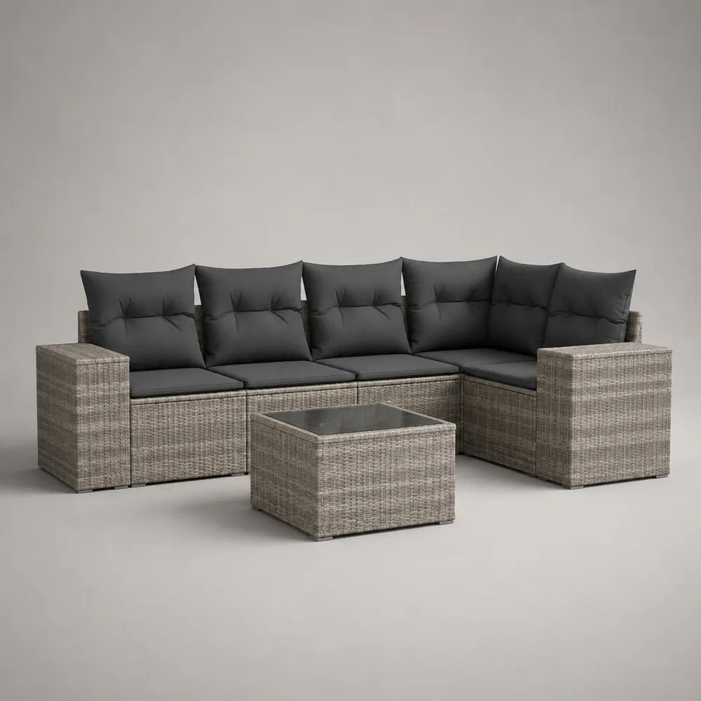 Set salotto da giardino angolare 6 pezzi in rattan PE e acciaio grigio chiaro con cuscini antracite, 250 x 190 x 73 cm