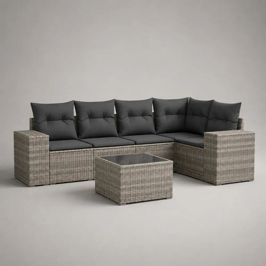 Set salotto da giardino angolare 6 pezzi in rattan PE e acciaio grigio chiaro con cuscini antracite, 250 x 190 x 73 cm