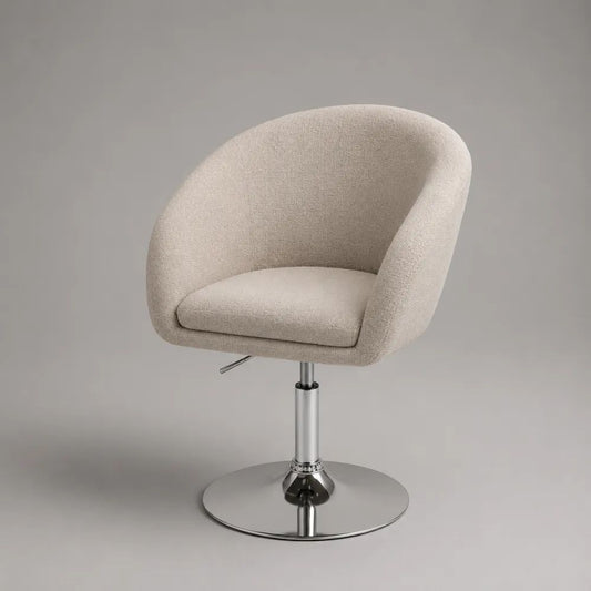 Sedia girevole regolabile imbottita in tessuto bouclé beige con base in metallo cromato argento, 65 × 60 × 78-90 cm