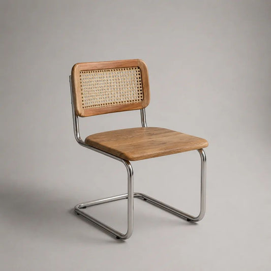Sedia da pranzo a sbalzo in legno massello, rattan intrecciato e acciaio cromato, marrone naturale e argento, 48 x 53 x 82 cm
