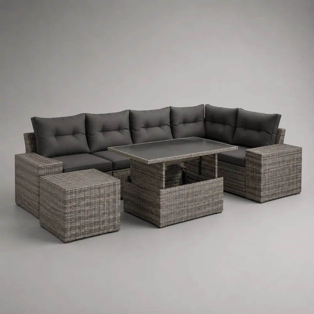 Set salotto da giardino 5 pezzi in rattan PE grigio con divano angolare, tavolo rettangolare, 2 pouf e cuscini, 240 × 240 × 74 cm