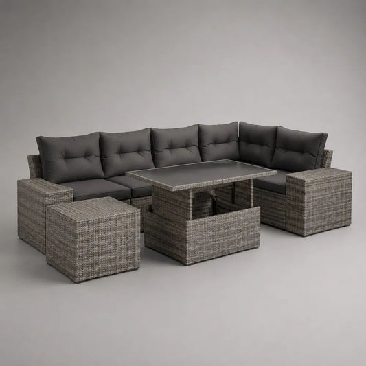 Set salotto da giardino 5 pezzi in rattan PE grigio con divano angolare, tavolo rettangolare, 2 pouf e cuscini, 240 × 240 × 74 cm