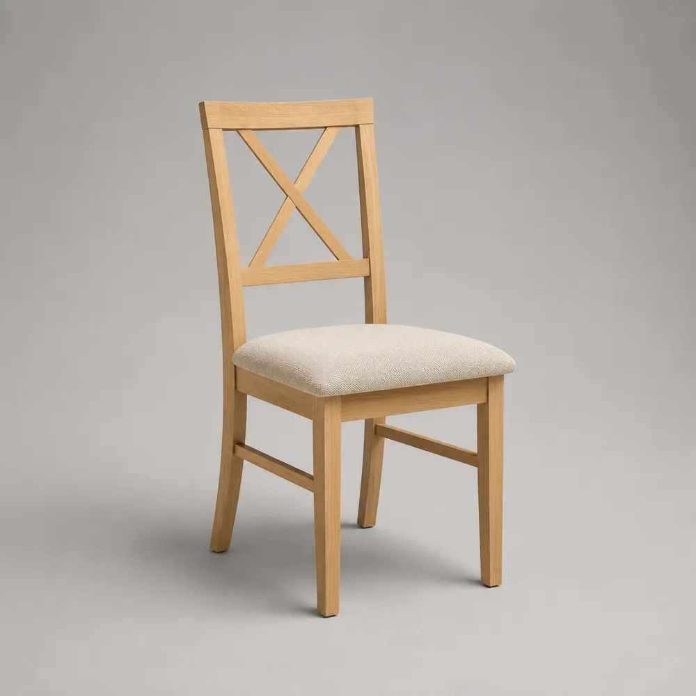 Sedia da pranzo in legno massello di caucciù con schienale a X e seduta imbottita beige, 45 x 52 x 92 cm