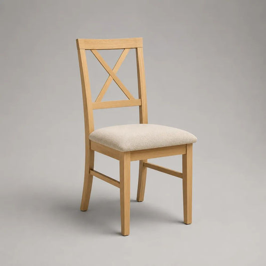 Sedia da pranzo in legno massello di caucciù con schienale a X e seduta imbottita beige, 45 x 52 x 92 cm