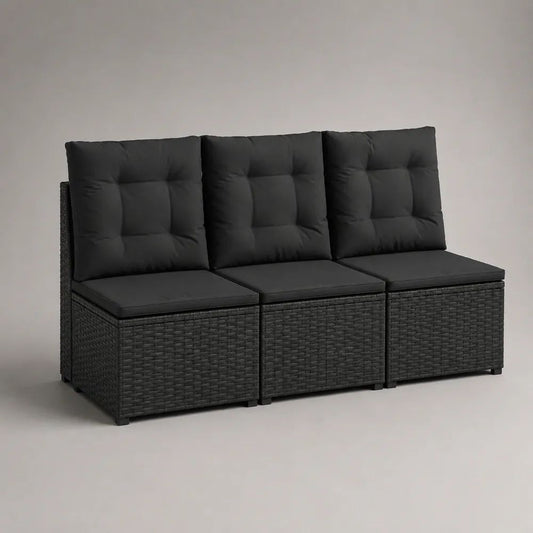 Divano da giardino modulare a 3 posti, set di 3 elementi in polyrattan nero con cuscini, 180 × 65 × 84 cm