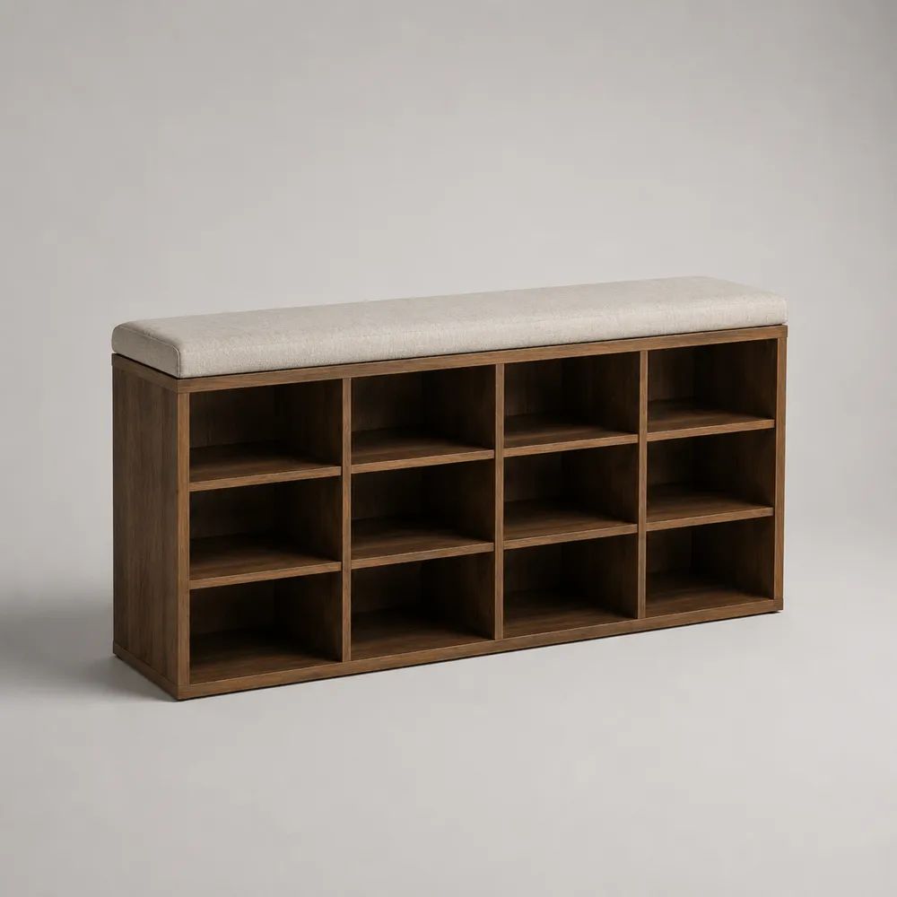 Scarpiera con panca imbottita e 12 scomparti in legno, marrone noce e beige, 120 × 30 × 60 cm