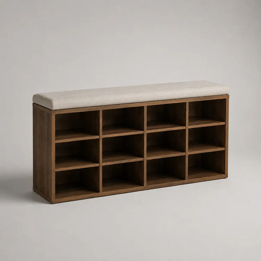 Scarpiera con panca imbottita e 12 scomparti in legno, marrone noce e beige, 120 × 30 × 60 cm