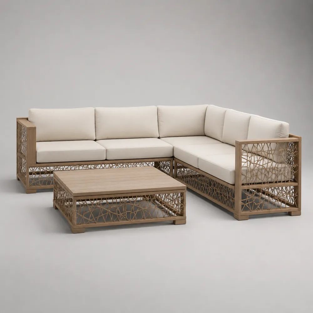 Salotto da giardino 3 pezzi da 5 posti con divano angolare a L e tavolino in alluminio e corda PE, Tortora/Avorio, 245 x 205 x 78 cm