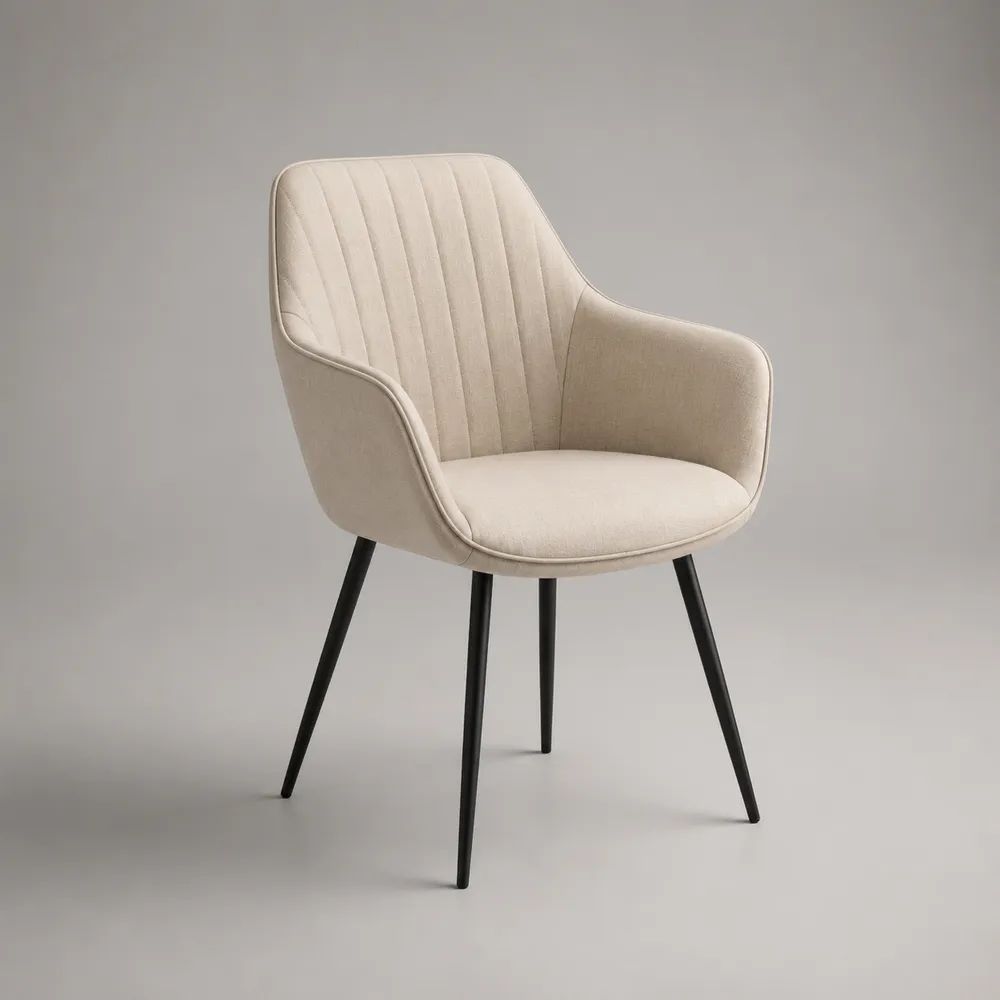 Sedia da pranzo imbottita con braccioli, rivestimento in tessuto crema e gambe in metallo nero, 58 x 60 x 84 cm