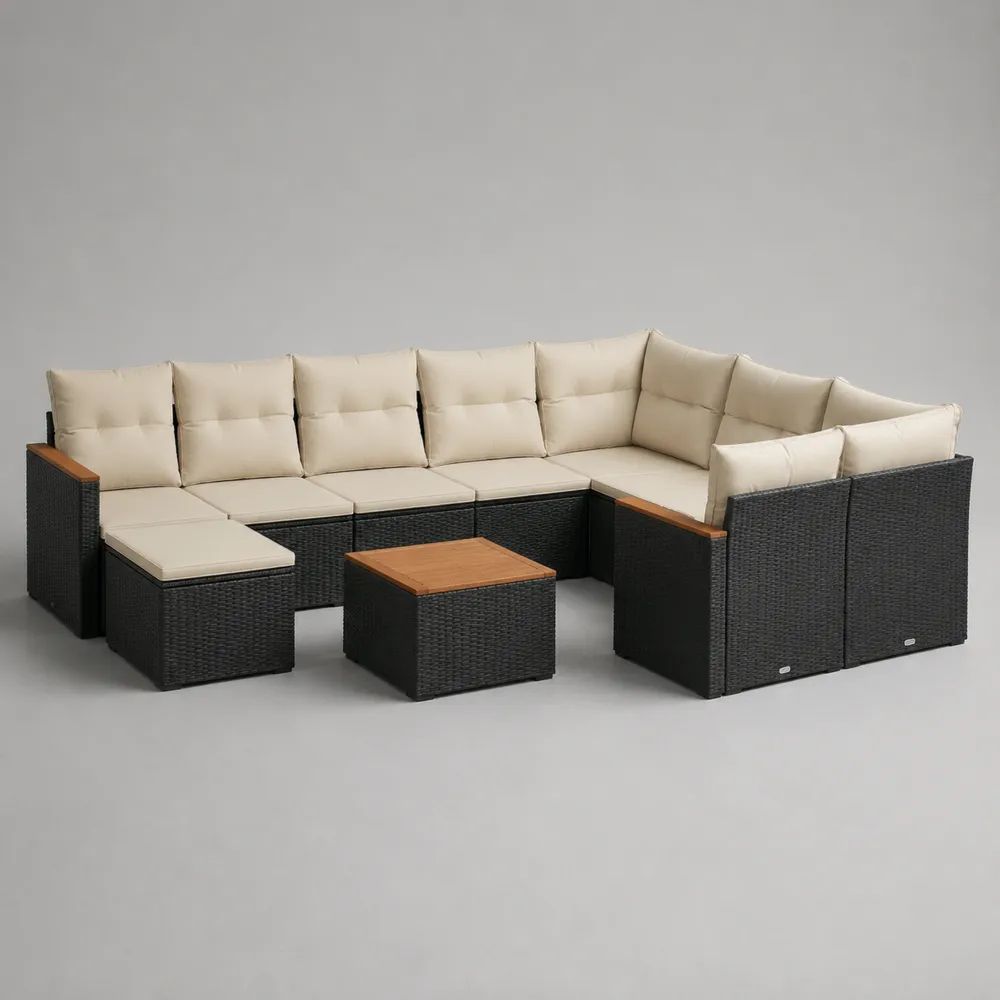 Set divano da giardino a U 9 pezzi in polyrattan e acciaio, nero con cuscini crema e tavolino, 290 × 220 × 74 cm
