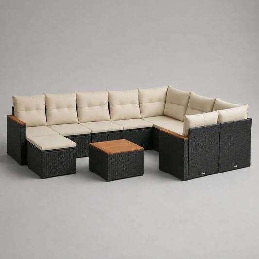 Set divano da giardino a U 9 pezzi in polyrattan e acciaio, nero con cuscini crema e tavolino, 290 × 220 × 74 cm