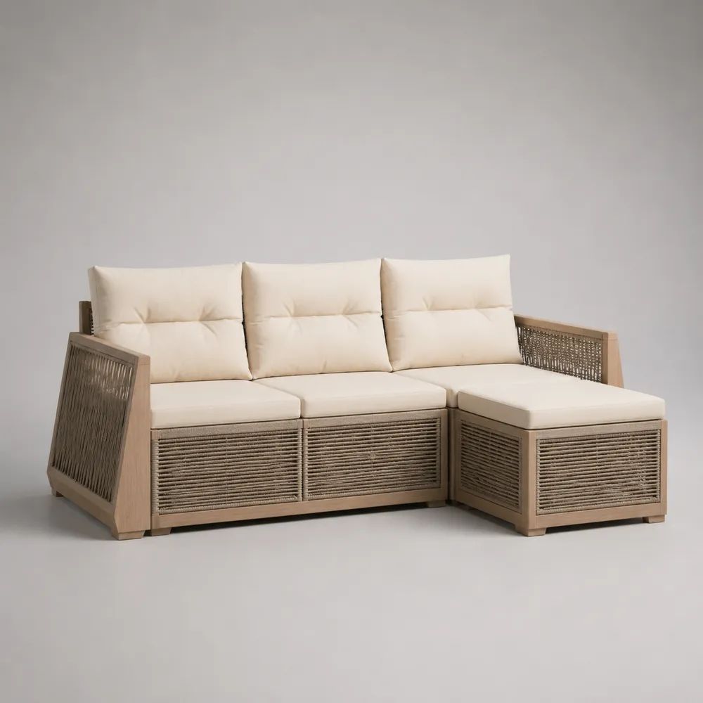 Divano angolare da giardino a 3 posti in legno e corda PP con chaise longue destra, beige e tortora, 224 × 146 × 85 cm, set da 2 pezzi