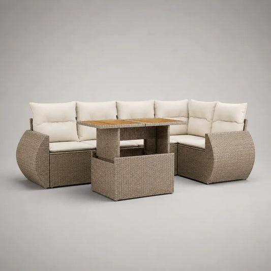 Set da giardino angolare 3 pezzi in polyrattan e acciaio tortora con cuscini crema e piano in legno marrone naturale, 238 x 180 x 88 cm