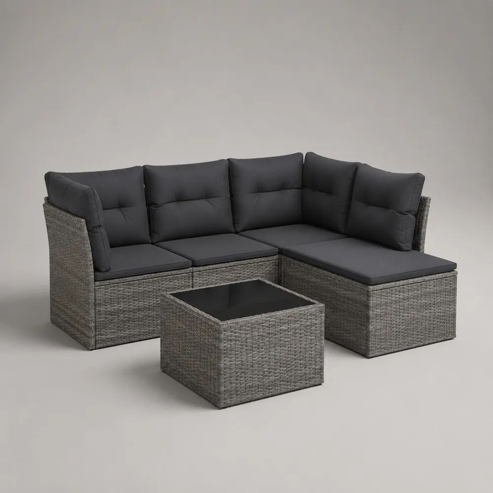 Set da giardino angolare 4 pezzi in rattan PE grigio con divano 3 posti, penisola destra, tavolino e cuscini antracite, 195 × 130 × 75 cm
