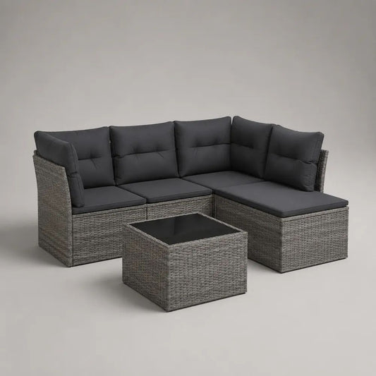 Set da giardino angolare 4 pezzi in rattan PE grigio con divano 3 posti, penisola destra, tavolino e cuscini antracite, 195 × 130 × 75 cm