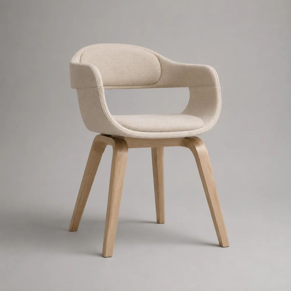 Sedia da pranzo imbottita con braccioli in tessuto beige e legno naturale, 58 x 57 x 78 cm