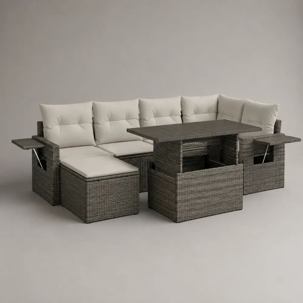 Set da pranzo da giardino 5 pezzi in polyrattan grigio antracite con divano angolare, tavolo e 3 pouf, 260 x 190 x 85 cm