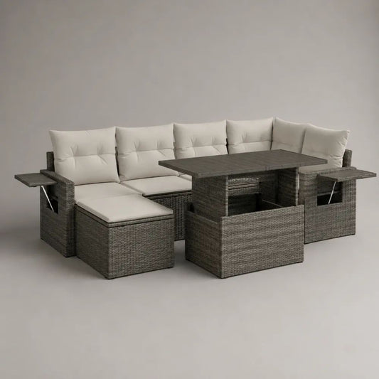 Set da pranzo da giardino 5 pezzi in polyrattan grigio antracite con divano angolare, tavolo e 3 pouf, 260 x 190 x 85 cm