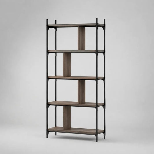 Libreria rettangolare a 5 ripiani in legno e acciaio, marrone noce e nero, 80 x 30 x 180 cm