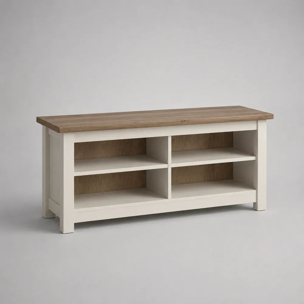 Panca scarpiera rettangolare in legno massello e MDF con 4 vani, bianco e rovere naturale, 120 x 40 x 60 cm