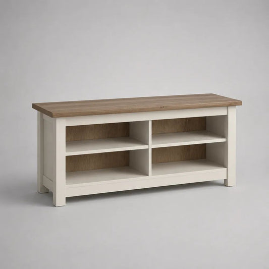Panca scarpiera rettangolare in legno massello e MDF con 4 vani, bianco e rovere naturale, 120 x 40 x 60 cm