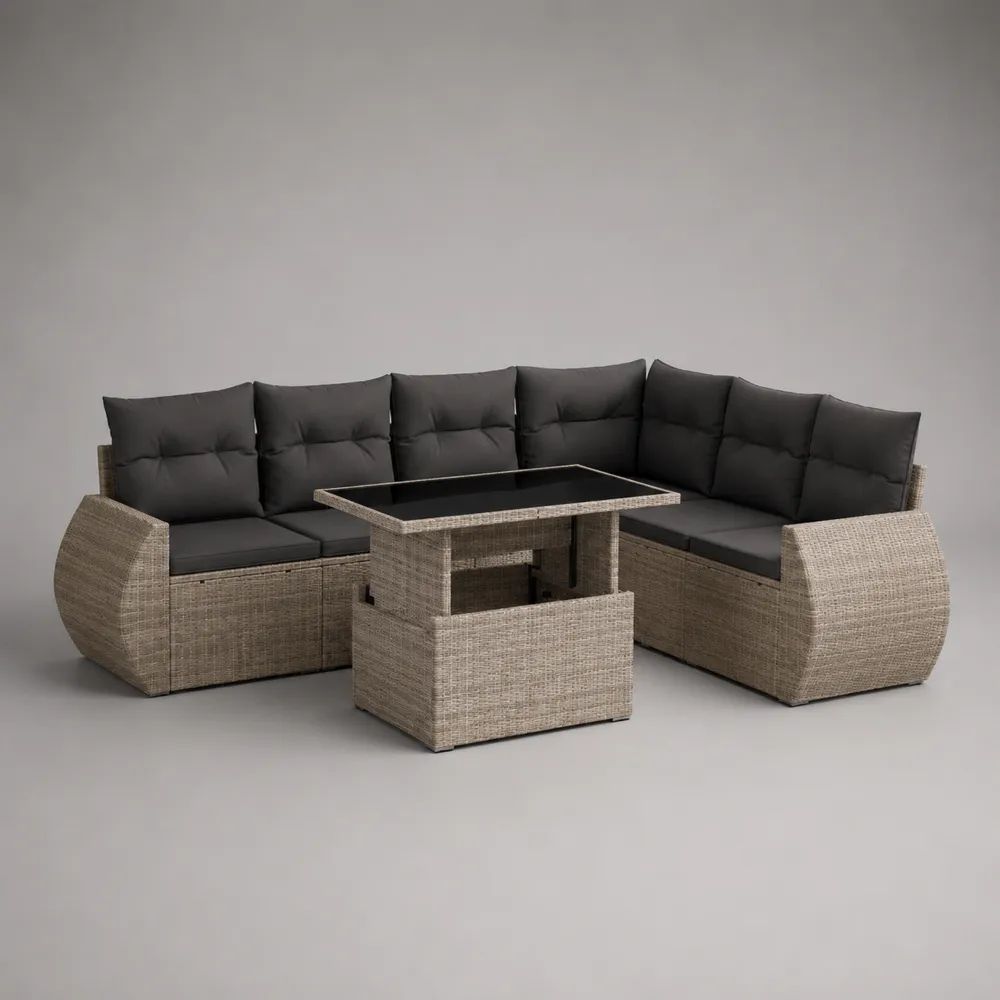 Set divano angolare da giardino per esterni a 7 posti in polyrattan con tavolo regolabile, tortora e antracite, 240 x 240 x 86 cm