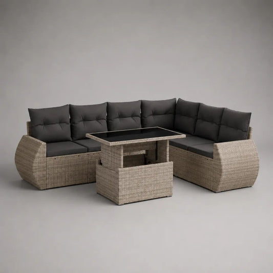 Set divano angolare da giardino per esterni a 7 posti in polyrattan con tavolo regolabile, tortora e antracite, 240 x 240 x 86 cm