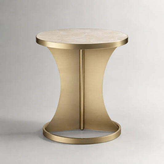 Tavolino rotondo da salotto in pietra sinterizzata e acciaio inox, oro e crema, Ø 50 × H 55 cm