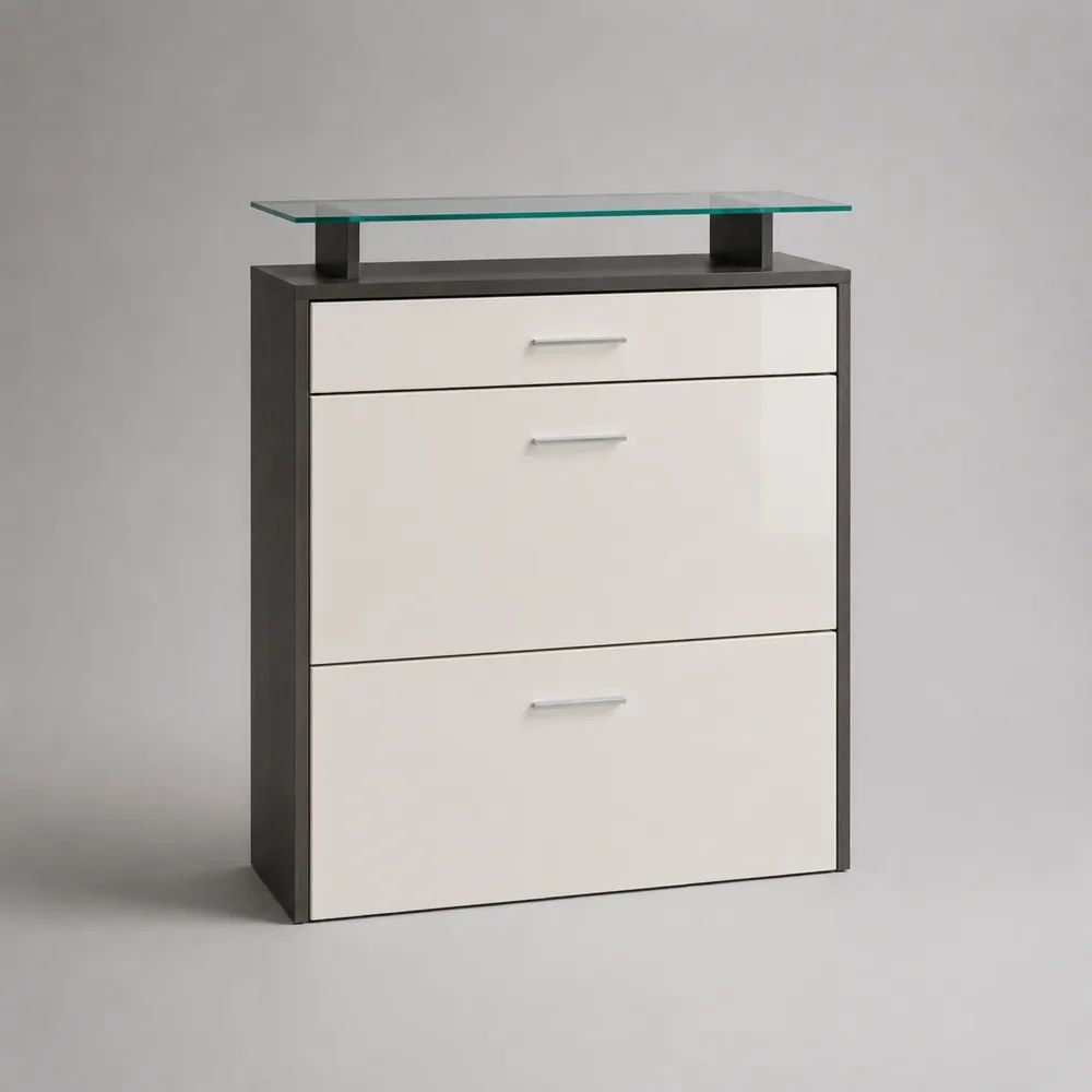 Scarpiera salvaspazio con 2 ante a ribalta, cassetto e ripiano in vetro, bianco e antracite, 80 x 24 x 108 cm