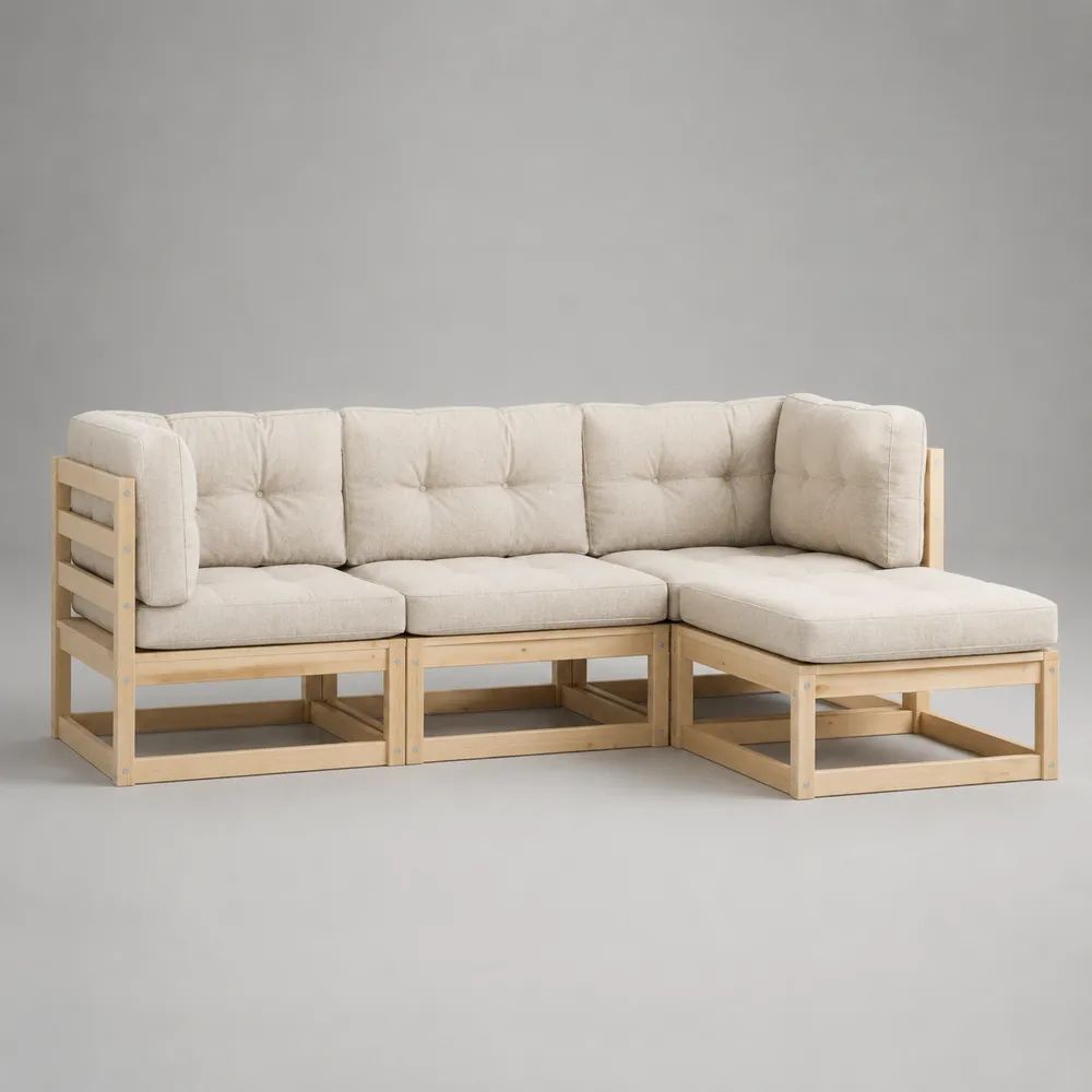 Divano angolare modulare da giardino 3 posti in pino massello con penisola destra e cuscini beige, 220 x 150 x 80 cm