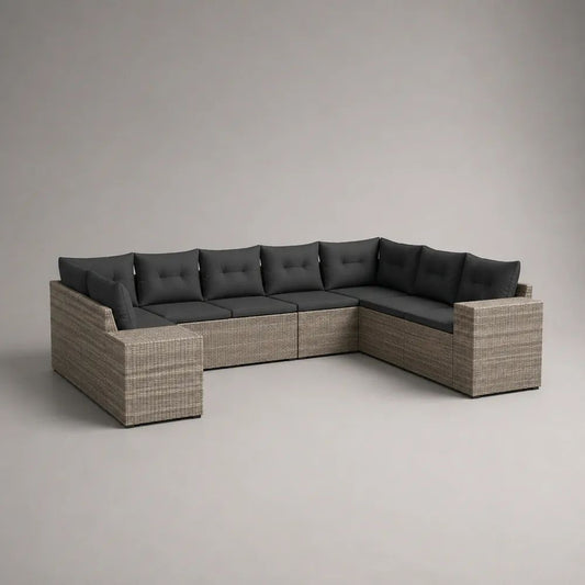 Divano angolare modulare da esterno a 7 posti in rattan PE grigio talpa con cuscini antracite, 345 x 215 x 75 cm