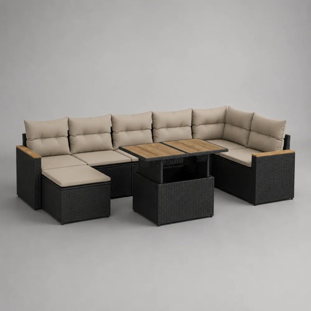 Set divano angolare da giardino a 7 posti in polyrattan nero con cuscini beige, inserti marroni e tavolo elevabile, 260 x 194 x 74 cm