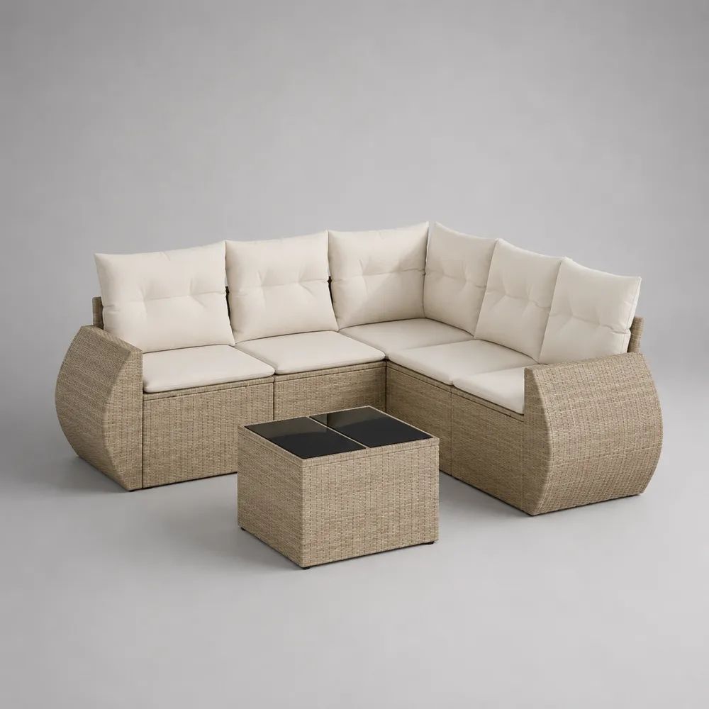 Set divano angolare da esterno a 5 posti in rattan PE beige con cuscini crema e tavolino, 226 × 226 × 88 cm