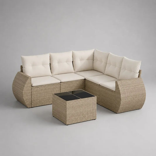 Set divano angolare da esterno a 5 posti in rattan PE beige con cuscini crema e tavolino, 226 × 226 × 88 cm