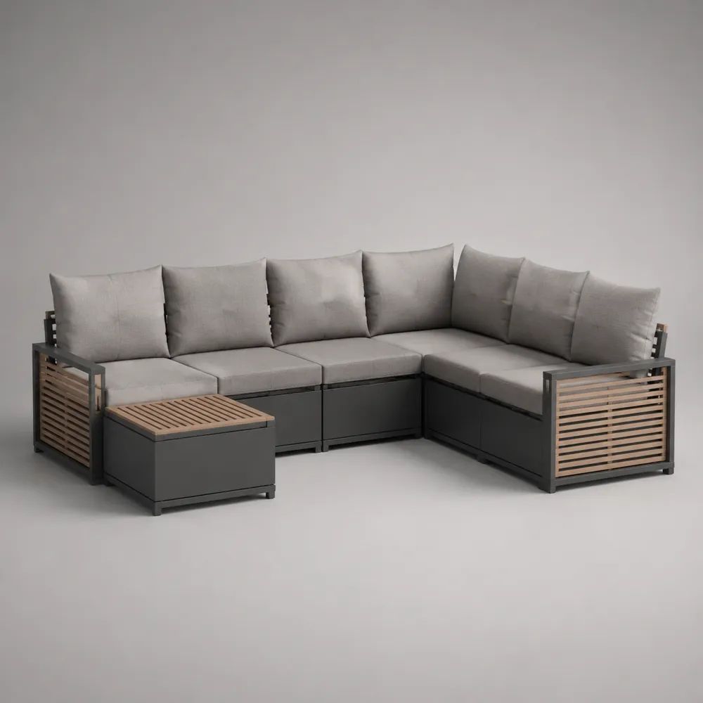 Set divano angolare modulare da giardino a 5 posti con tavolino contenitore in acciaio e legno, grigio antracite, grigio chiaro e marrone naturale, 230 × 230 × 70 cm