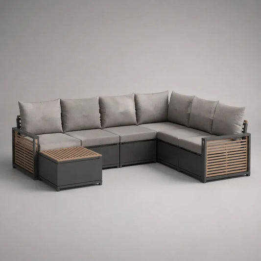 Set divano angolare modulare da giardino a 5 posti con tavolino contenitore in acciaio e legno, grigio antracite, grigio chiaro e marrone naturale, 230 × 230 × 70 cm