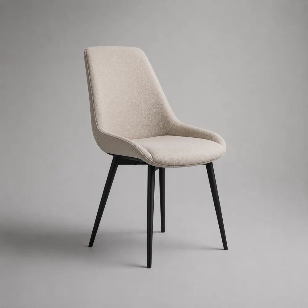 Sedia da pranzo imbottita in tessuto beige con gambe in acciaio nero, 54 x 60 x 88 cm